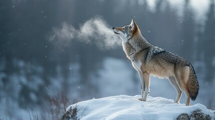 Obraz premium Timberwolf standing on a snowy ridge, its breath visible in the cold air as it howls into the night.