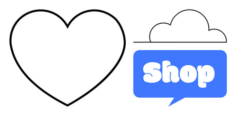 A simple heart outline is next to a blue speech bubble containing the word Shop topped with a cloud shape. Ideal for online shopping, retail, e-commerce, customer service and marketing. Minimalist