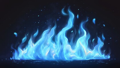 Isolated blue fire producing vibrant flames and glowing embers in dark surroundings