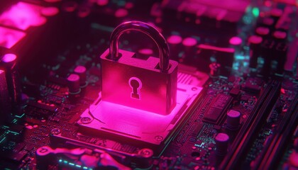 Closeup of a computer motherboard with a lock representing cybersecurity connections