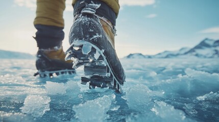 A climber wearing crampons scales a frozen surface made of ice and snow, surrounded by a breathtaking landscape under bright blue skies. The person focuses on the challenging ascent ahead.
