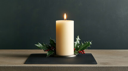 Beautiful candle adorned with holly on a rustic wooden table.