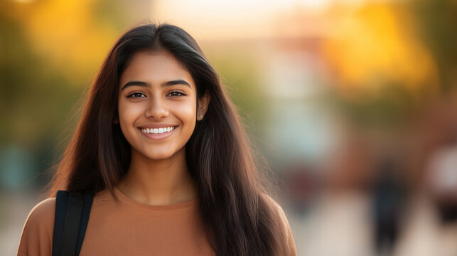 young Indian woman with long hair smiles warmly, showcasing her confidence and joy in vibrant outdoor setting. background features soft blur of colors, enhancing cheerful atmosphere.