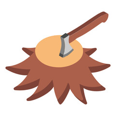 Axe and small remaining portion of the trunk with the roots isometric concept vector icon design, timber and lumber Symbol, Forest Deforestation products Sign,mill yard and sawworks stock illustration