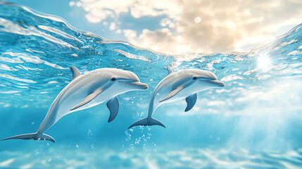 Dolphins swimming gracefully in the clear blue ocean.