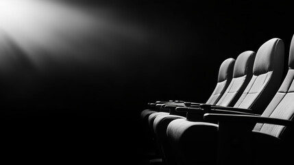 row of empty cinema seats illuminated by beam of light, creating dramatic atmosphere. scene evokes sense of anticipation and solitude