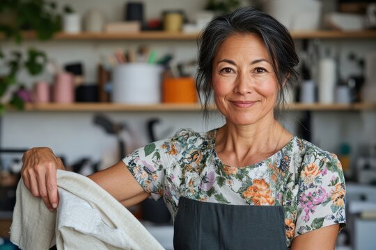 A smiling woman in a floral top holds fabric against a lush, leafy backdrop in her studio, epitomizing creativity, style, and artisan workmanship in a modern setting.