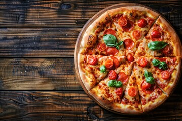 Freshly baked pizza sitting on a wooden table, perfect for outdoor dining or picnics