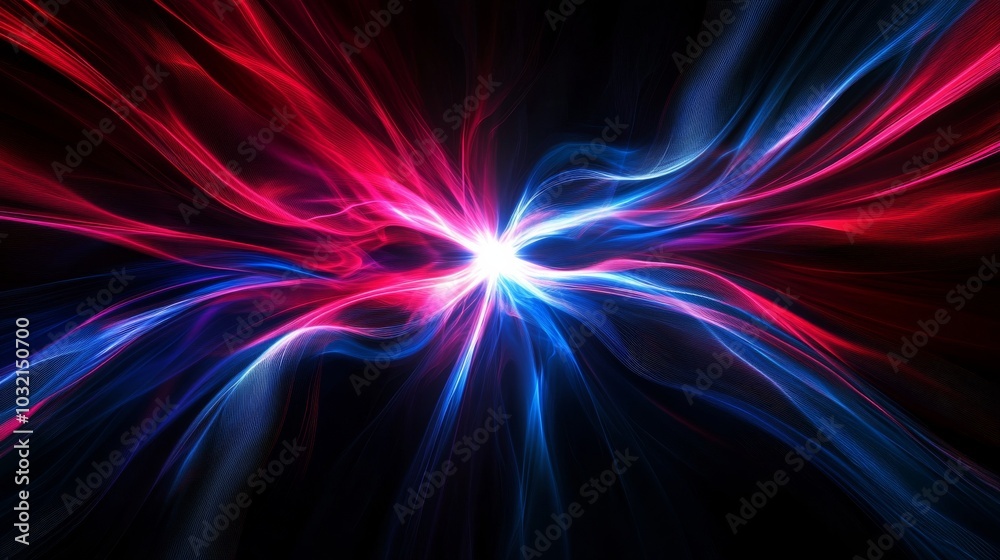 Wall mural mesmerizing abstract background with wavy red and blue lines converging towards a bright spot on a d