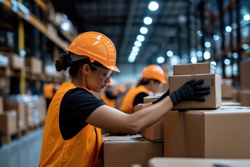 A warehouse worker wearing safety gear is seen diligently stacking and organizing boxes on shelves under bright industrial lighting, showcasing efficiency and teamwork.