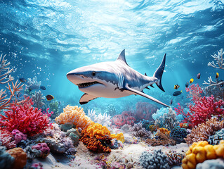 Fototapeta premium Vibrant underwater scene featuring a shark swimming among colorful coral reefs.