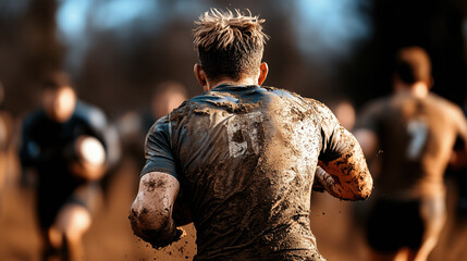 rugby player covered in mud runs energetically on field, showcasing determination and strength. dynamic scene captures intensity of game and spirit of teamwork