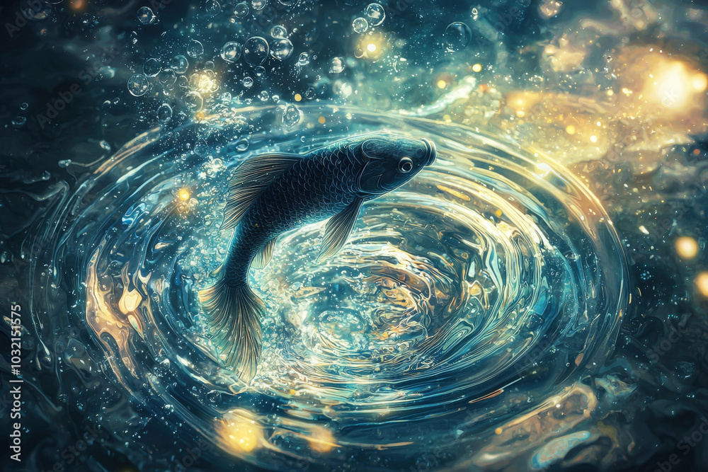 Wall mural mystical fish leaps from shimmering water, creating ripples and bubbles that dance in light. enchanting scene evokes sense of wonder and magic