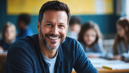 Fototapeta premium Smiling male teacher engaging with students in an elementary school classroom