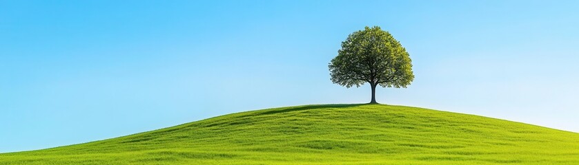 A lone tree on a grassy hill under a clear sky, simple landscape, natural tones, ultra-realistic, minimalist and balanced composition