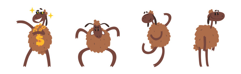 Funny Sheep Character with Brown Wool Coat Vector Set