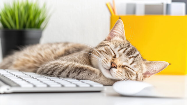 peaceful tabby cat sleeping on desk next to computer keyboard and mouse, surrounded by vibrant yellow container and green plant, creating cozy workspace atmosphere
