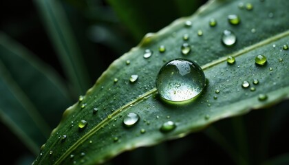 Close-up of a single raindrop resting on the surface of a green leaf, with the surrounding water creating a tiny ripple