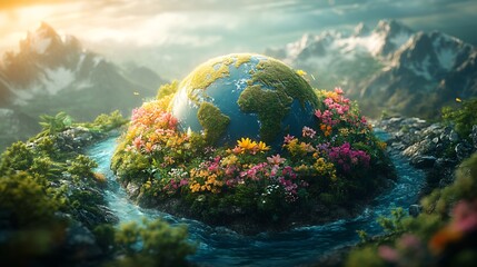 Vibrant forested earth in the center of a scenic landscape encircled by wildlife clean waters and blooming flowers showcasing nature's harmony and the effort to protect our planet