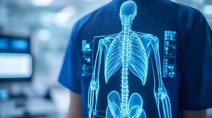A healthcare professional wearing a blue shirt displays a digital skeleton graphic on the back, representing medical technology and anatomy visualization in a modern clinical setti