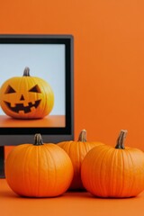 Minimalist Halloween Technology Pumpkins Mirror Digital Jack-O-Lantern on Monitor