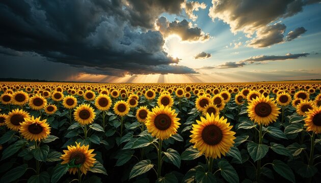 Endless fields of golden sunflowers under a dramatic sky, with dark storm clouds rolling in from the distance, casting long shadows across the landscape