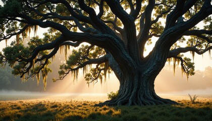 Obraz premium Close-up of an ancient oak tree with gnarled branches and moss hanging from the limbs, standing in the middle of a mist-covered meadow at dawn