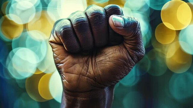 Close-up of a clenched fist with bokeh background. Strength and unity concept.
