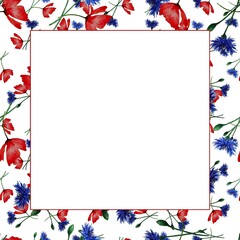 Frame of watercolor cornflowers and poppies on a white background. Colorful flowers create a delicate and natural ornament around the empty space in the center for text, image.