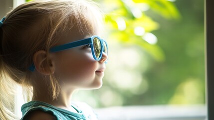 Young child wearing blue glasses focusing on distant tree outside window, symbolizing myopia prevention and importance of outdoor activities.