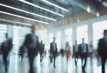 Blurred silhouettes of people at the airport. Spacious room, businessman, business. People in suits rushing to work