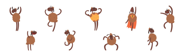 Funny Sheep Character with Brown Wool Coat Vector Set