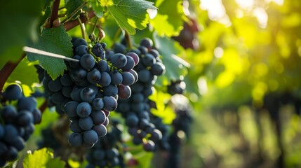 Naklejka premium Morning Splendor: Sweet Sapphire Black Grapes Amidst Lush Green Leaves in a Enchanting Grape Pl