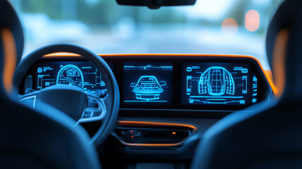Close-up view of a modern car dashboard showcasing advanced digital displays and controls, highlighting innovation in automotive technology.