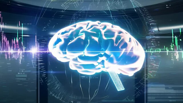 Glowing holographic brain with orbiting data