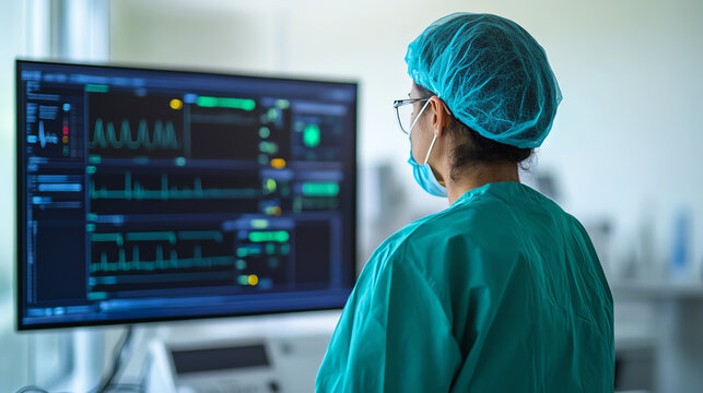 Healthcare professional in scrubs observing medical data on a monitor, focusing on patient health metrics in a clinical setting.