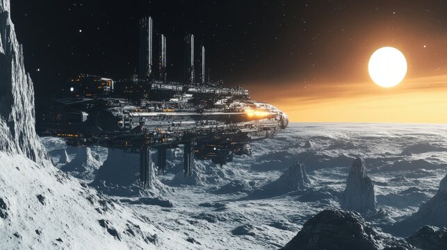 A massive cargo ship docking at an orbital platform near Europa, one of Jupiter’s moons, with its icy surface reflecting the distant sun, space logistics, interplanetary commerce, futuristic - Powered by Adobe