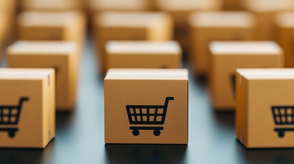 Warehouse operations, Close-up of multiple boxes with shopping cart icons, representing online shopping and e-commerce concepts.