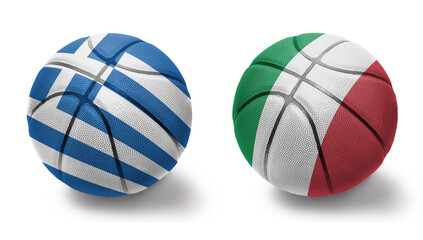 Fototapeta premium basketball balls with the national flags of greece and italy on the white background.