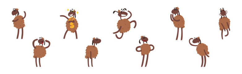 Fototapeta premium Funny Sheep Character with Brown Wool Coat Vector Set