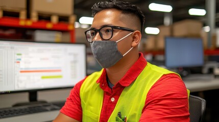 Warehouse operations, Dedicated worker wearing safety gear, focused on computer screen in a warehouse environment.