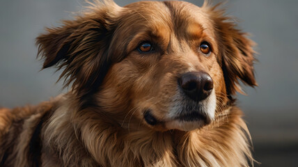 Fototapeta premium A black and white dog with a brown collar is sitting on the ground
