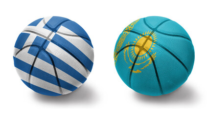 basketball balls with the national flags of greece and kazakhstan on the white background.