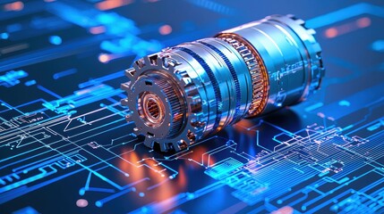 Close-up of a futuristic mechanical component against a blue digital background.