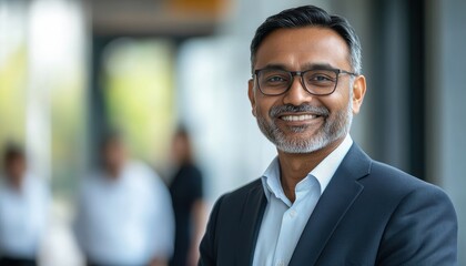 Confident businessman smiling in a modern office with colleagues in the background