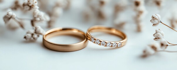 A closeup of elegant golden wedding rings against a white background, symbolizing the enduring nature of love in stunning product photography