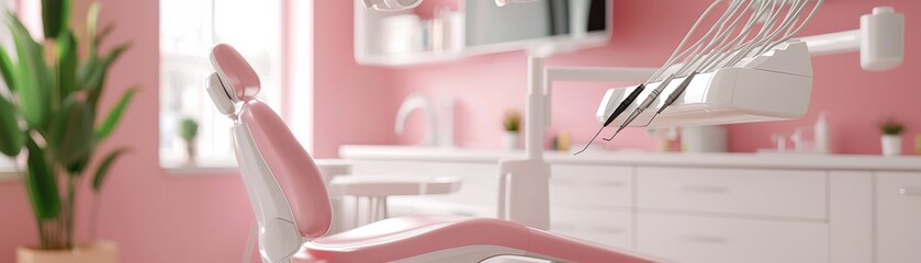 Modern dental clinic interior with pink decor, comfortable chair, and plants for a welcoming atmosphere.