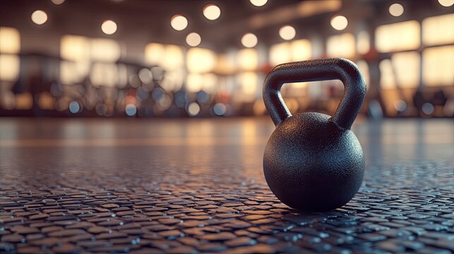 A lone kettlebell sits on a gym floor. This image is perfect for websites or social media posts about fitness, strength training, or healthy living.