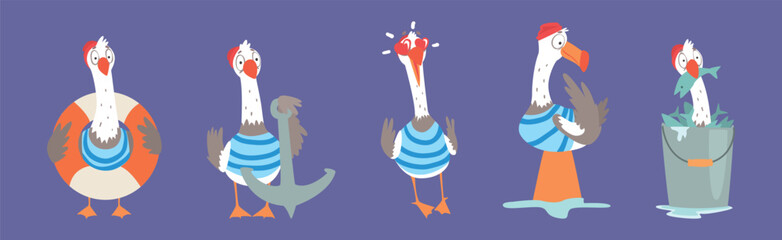 Seagull Bird in Sailor Striped Shirt Vector Set