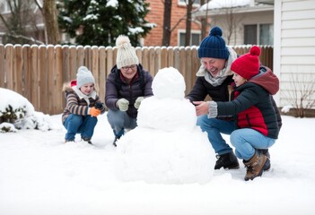 Grandparents and grandchildren building a snowman in the backyar
